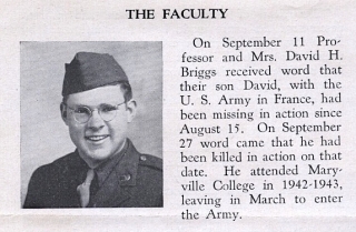 Notice of death of David Briggs, Jr. in Maryville College paper